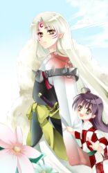  1boy absurdres bad_id bad_pixiv_id black_hair facial_mark female flower forehead_mark hexagon highres inuyasha japanese_clothes kurabayashi lolicon long_hair one_side_up pointy_ears rin_(inuyasha) sesshoumaru slit_pupils white_hair yellow_eyes 