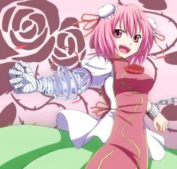  bad_id bad_pixiv_id bandages bun_cover chinese_clothes cuffs daba double_bun dress false_arm false_limb female flower hair_bun ibaraki_kasen open_mouth pink_eyes pink_hair rose shackles short_hair solo tabard touhou 