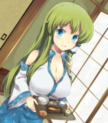  aqua_eyes aqua_skirt bad_id bad_pixiv_id bare_shoulders blue_eyes blush bowl breasts cleavage collarbone collared_shirt covered_nipples cowboy_shot detached_sleeves dutch_angle egg eyes_visible_through_hair female fish fish_(food) food green_hair green_tea grilled_fish grin hair_ornament hair_tubes highres holding holding_tray indoors kochiya_sanae large_breasts long_hair mizukami_ryouma parted_lips rice rice_bowl shirt shouji sidelocks skirt sleeveless sleeveless_shirt sliding_doors smile snake_hair_ornament solo takuan tatami tea touhou tray white_shirt white_sleeves wide_sleeves 