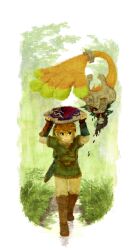  1boy blue_eyes commentary_request female gloves hat helmet highres hylian_shield link midna motimamire oerba_yun_fang pointy_ears rain red_eyes shield smile the_legend_of_zelda the_legend_of_zelda:_twilight_princess 