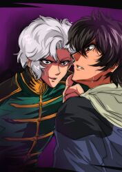  2boys angelo_sauper bad_id bad_pixiv_id banagher_links brown_eyes brown_hair gundam gundam_unicorn hood hoodie jacket male_focus multiple_boys photoshop_(medium) purasu_mui purple_eyes sweat toggles white_hair 