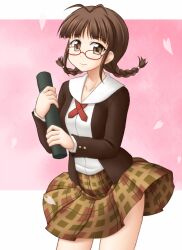  akizuki_ritsuko braid brown_eyes brown_hair cherry_blossoms commentary_request diploma female glasses graduation idolmaster idolmaster_(classic) petals plaid plaid_skirt pleated_skirt school_uniform skirt smile solo tube twin_braids utomo wind 