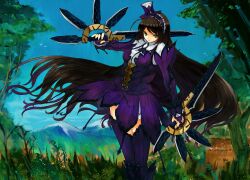  bnahabra_(armor) bridal_gauntlets brown_hair commentary_request dual_wielding female gond gradient_hair green_eyes hat holding long_hair mini_hat mini_top_hat monster_hunter_(character) monster_hunter_(series) monster_hunter_portable_3rd mountain multicolored_hair photoshop_(medium) purple_hair reverse_grip solo sword top_hat very_long_hair weapon 