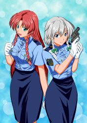  2girls bad_id bad_pixiv_id blue_eyes braid breasts cosplay gloves green_eyes grey_hair gun handgun highres hong_meiling izayoi_sakuya kobayakawa_miyuki kobayakawa_miyuki_(cosplay) multiple_girls open_mouth pencil_skirt police police_uniform policewoman red_hair revision revolver shino-puchihebi skirt smile taiho_shichauzo touhou tsujimoto_natsumi tsujimoto_natsumi_(cosplay) twin_braids uniform weapon 