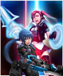  2girls antenna_hair bad_id bad_pixiv_id black_legwear blade blue_eyes blue_hair gunblade highres huge_weapon imca lance military military_uniform multiple_girls open_mouth photoshop_(medium) polearm ponytail red_eyes red_hair riela_marcellis senjou_no_valkyria_(series) senjou_no_valkyria_3 shield side_ponytail skirt take9999 thighhighs uniform var_(weapon) weapon zettai_ryouiki 