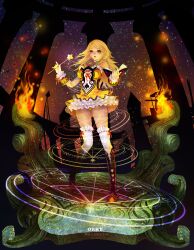  artist_name blonde_hair book chinese_commentary commentary_request dated female fire highres long_hair magic_circle original orry panties photoshop_(medium) red_eyes solo thighhighs underwear wand 