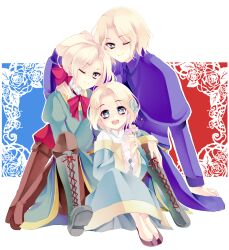  3boys aged_down axis_powers_hetalia bad_id bad_pixiv_id blonde_hair blue_eyes boots cross-laced_footwear france_(hetalia) green_eyes hand_on_head highres kurabayashi lace-up_boots lolicon male_focus multiple_boys multiple_persona one_eye_closed otoko_no_ko sitting 