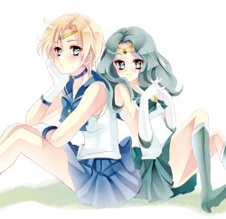  2girls back_bow bishoujo_senshi_sailor_moon blonde_hair blue_choker blue_sailor_collar blue_skirt bow choker commentary_request gloves green_eyes green_hair highres kaiou_michiru kurabayashi long_hair magical_girl multiple_girls no_choker outer_senshi sailor_collar sailor_neptune sailor_senshi sailor_senshi_uniform sailor_uranus short_hair sitting skirt star_(symbol) star_choker ten&#039;ou_haruka very_short_hair white_background white_gloves 