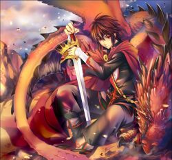  1boy black_hair cape commentary_request crown dragon kingchenxi lucas_(pixiv_fantasia) male_focus pixiv_fantasia pixiv_fantasia_5 red_eyes sitting solo sword weapon 