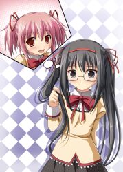  2girls :d :o akemi_homura alternate_hairstyle argyle_background arm_behind_back bad_id bad_pixiv_id black_hair blush bow bowtie checkered_background glasses hair_ornament hair_ribbon halftone halftone_background hand_in_own_hair happy imagining kaname_madoka long_hair mahou_shoujo_madoka_magica mahou_shoujo_madoka_magica_(anime) mitakihara_school_uniform multiple_girls open_mouth photoshop_(medium) pink_eyes pink_hair plaid plaid_skirt pleated_skirt puffy_sleeves purple_eyes red-framed_eyewear ribbon school_uniform short_twintails skirt smile spoilers thought_bubble tsuda_akira twintails twirling_hair 