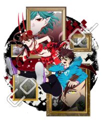  2boys 2girls ar_(rikuesuto) bare_shoulders blue_hair bob_cut brown_hair c_(control) choker commentary_request dress flower gloves green_eyes hair_flower hair_ornament head_wings highres hood hoodie horns long_hair mashu_(control) midas_money midriff mikuni_souichirou multiple_boys multiple_girls navel painttool_sai_(medium) pointy_ears q_(control) red_eyes short_hair skirt strapless thighhighs tube_top wings yellow_eyes yoga_kimimaro 