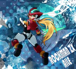  aile_(mega_man_zx) bad_id bad_pixiv_id blonde_hair brown_hair female green_eyes helmet jacket mega_man_(series) mega_man_zx model_zx_(mega_man) multicolored_hair photoshop_(medium) red_helmet rex_k solo sword weapon zoom_layer 