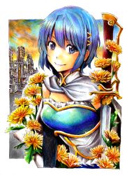  blue_hair cape city colored_pencil_(medium) commentary_request dandelion female flower graphite_(medium) hair_ornament hairclip highres looking_at_viewer magical_girl mahou_shoujo_madoka_magica mahou_shoujo_madoka_magica_(anime) miki_sayaka miki_sayaka_(magical_girl) nobita_(makoto7060355) short_hair smile solo sword traditional_media weapon 