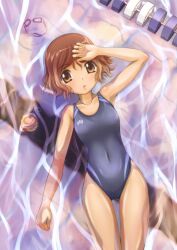  :o bad_id bad_pixiv_id banned_artist brown_eyes brown_hair competition_swimsuit goggles goggles_removed ikoma_minami kami_nomi_zo_shiru_sekai navel nigiriushi one-piece_swimsuit short_hair solo submerged swimsuit water water_balloon 