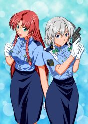  2girls bad_id bad_pixiv_id blue_eyes braid grey_hair gun handgun highres hong_meiling izayoi_sakuya long_hair multiple_girls pencil_skirt police police_uniform policewoman red_hair revolver shino-puchihebi short_hair skirt touhou twin_braids uniform weapon 