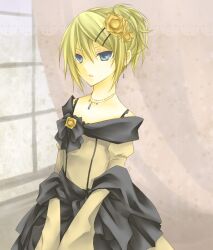  1boy aku_no_meshitsukai_(vocaloid) aku_no_musume_(vocaloid) allen_avadonia blonde_hair blue_eyes commentary_request crossdressing curtains dress earrings evillious_nendaiki flower hair_flower hair_ornament hairclip highres jewelry kagamine_len kuroi_(liar-player) male_focus necklace otoko_no_ko riliane_lucifen_d&#039;autriche rose short_hair solo vocaloid window yellow_flower yellow_rose 