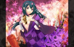  between_breasts breasts candle choker cocoa_(cafe-hotcocoa) commentary_request female green_hair japanese_clothes katanagatari kesa leaf long_hair maple_leaf medium_breasts purple_eyes solo yasuri_nanami 