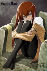  absurdres blue_eyes brown_hair commentary_request female highres hugging_own_legs jacket long_hair makise_kurisu okingjo pantyhose sitting solo steins;gate 