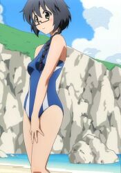  beach black_hair blush cliff_side clouds dark_eyes hair_braid hand_at_front megane one_piece_body_swim_suite sky softenni splayed_fingers stitch stripe_design tagme water 