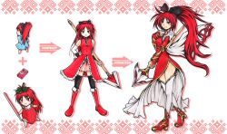  adapted_costume alternate_weapon boots bow commentary_request costume evolution female food fruit hairbow long_hair mahou_shoujo_madoka_magica mahou_shoujo_madoka_magica_(anime) photoshop_(medium) pocky polearm ponytail red_eyes red_hair sakura_kyoko sakura_kyoko_(magical_girl) spear strawberry thighhighs weapon yuriwhale 