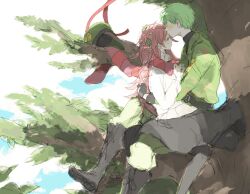  1boy bad_id bad_pixiv_id boots couple female flaky_(happy_tree_friends) flippy_(happy_tree_friends) green_hair happy_tree_friends hat kissing kissing_forehead leaf long_hair military military_uniform pantyhose personification pink_hair scarf short_hair sitting skirt straight tsu_da uniform unworn_hat unworn_headwear 