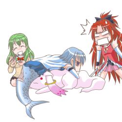  3girls :3 ^_^ blue_eyes blue_hair cape chibi closed_eyes commentary_request kisaragi_ryou_(sougetsu-tei) kyuubee long_hair magical_girl mahou_shoujo_madoka_magica mahou_shoujo_madoka_magica_(anime) mermaid miki_sayaka miki_sayaka_(magical_girl) monster_girl monsterification multiple_girls ponytail red_hair sakura_kyoko sakura_kyoko_(magical_girl) shizuki_hitomi short_hair spoilers thighhighs white_cape 