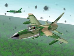  1boy aircraft airplane battle bomb camouflage commentary day drop_tank explosion explosive f-105_thunderchief flying jet jungle military nagase_mizuchi nature pilot real_life sky smoke vehicle_focus vietnam war 