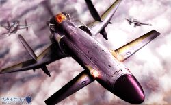  3d aircraft airplane cloud commentary_request flying gun highres no_humans photoshop_(medium) propeller sanka_(sky_crawlers) sky the_sky_crawlers vehicle_focus weapon zhugege1986 