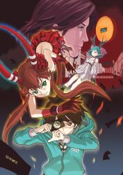  2boys 2girls antlers bare_shoulders blue_hair brown_hair c_(control) ccd-guns choker commentary_request dress flower gloves green_eyes hair_flower hair_ornament head_wings hood hoodie horns long_hair mashu_(control) mikuni_souichirou multiple_boys multiple_girls photoshop_(medium) pointy_ears q_(control) red_eyes short_hair skirt strapless thighhighs tube_top twintails wings yellow_eyes yoga_kimimaro 