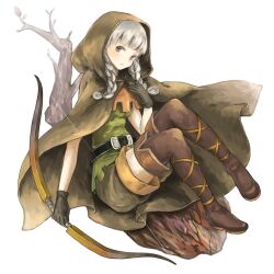  belt boots bow_(weapon) braid brown_eyes cloak commentary_request dragon&#039;s_crown elf_(dragon&#039;s_crown) female gloves grey_hair solo tamaki_iori thigh_boots thighhighs tree twin_braids weapon 