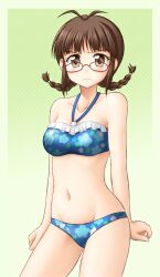  akizuki_ritsuko bikini braid brown_eyes brown_hair commentary_request female floral_print frown glasses groin halterneck idolmaster idolmaster_(classic) navel print_bikini solo swimsuit twin_braids utomo 