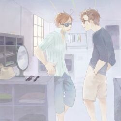  2boys ahoge axis_powers_hetalia brown_hair capri_pants commentary_request hands_in_pockets hands_on_own_hips happy hat male_focus mirror multiple_boys open_mouth pants photoshop_(medium) shirt shop shorts southern_italy_(hetalia) spain_(hetalia) standing striped_clothes striped_shirt sunglasses window zukki_(suzukio) 