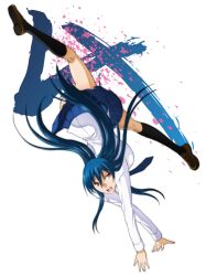  blue_hair commentary_request diamond_cut_diamond female legs long_hair official_art red_eyes school_uniform shigyou_yuuyami skirt socks solo taguchi_kenji_(omaep) 