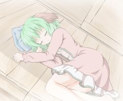  animal_ears closed_eyes commentary_request dress female green_hair kasodani_kyouko lying on_side open_mouth shino_megumi short_hair sleeping solo touhou 