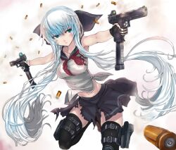  artistic_error blue_hair commentary_request copyright_request dual_wielding female glock gloves gun handgun holding holster panzer_(p.z) school_uniform serafuku solo thighhighs torn_clothes weapon 