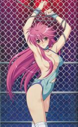  blush chain_link_fence chains convenient_censor hands_over_head long_hair looking_at_viewer mighty_yukiko pink_hair sweat_bands torn_uniform wrestle_angels wrestle_angels_survivor wrestle_angels_survivor_2 