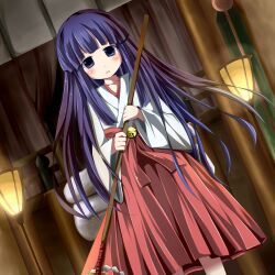  blunt_bangs blush commentary_request dutch_angle female furude_rika higurashi_no_naku_koro_ni hoe japanese_clothes kazura long_hair miko open_mouth purple_eyes purple_hair solo standing 