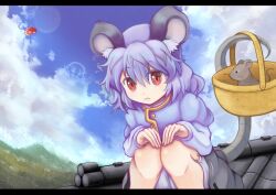  :&lt; animal_ears cloud colored_eyelashes commentary_request day female hands_on_own_knees letterboxed mouse_(animal) mouse_ears mouse_tail nazrin qontamblue rooftop sky solo spacecraft squatting staring tail touhou ufo unzan v 