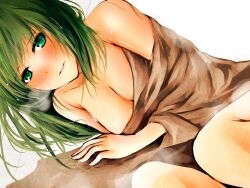  bare_shoulders bed_sheet blush breasts breath cleavage commentary_request female green_eyes green_hair highres kochiya_sanae long_hair medium_breasts metalwasabi naked_sheet photoshop_(medium) solo sweat touhou 