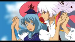  1boy blue_hair coat commentary_request cosplay female fujiwara_no_mokou genderswap_(ftm) hat holding_hands howl_(howl_no_ugoku_shiro) howl_(howl_no_ugoku_shiro)_(cosplay) howl_and_sophie_airwalking howl_no_ugoku_shiro kamishirasawa_keine letterboxed parody photoshop_(medium) rule_63 style_parody takakino touhou white_hair 