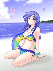  alternate_breast_size bad_id bad_pixiv_id barefoot beach bikini blue_hair breasts brown_eyes cleavage cloud day feet female frilled_bikini frills front-tie_top idolmaster idolmaster_(classic) innertube kisaragi_chihaya large_breasts long_hair marugoshi_teppei navel outdoors photoshop_(medium) sitting solo swim_ring swimsuit underboob vivid_bikini_(idolmaster) wariza wristband 