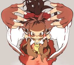  ascot bow brown_eyes brown_hair commentary_request detached_sleeves dress female forehead foreshortening hair_tubes hairbow hakurei_reimu hands long_hair partial_commentary solo touhou ysk! 