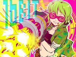  bokura_no_16bit_warz_(vocaloid) bra camouflage commentary female gatling_gun gloves goggles green_hair grin gumi gun lingerie navel photoshop_(medium) reducto shell_casing short_hair smile solo underwear vocaloid weapon 