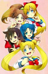  5girls aino_minako aoi_(15-18) bishoujo_senshi_sailor_moon black_hair blonde_hair blue_eyes blue_hair blue_sailor_collar book bow brown_hair commentary_request double_bun green_eyes hair_bun highres hino_rei juuban_middle_school_uniform kino_makoto kino_makoto&#039;s_school_uniform long_hair mizuno_ami multiple_girls photoshop_(medium) pink_background ponytail purple_eyes red_bow sailor_collar school_uniform serafuku shiba_koen_middle_school_uniform short_hair ta_girls_school_uniform tsukino_usagi twintails 