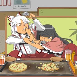  2girls annoyed clenched_teeth commentary_request fighting food fujiwara_no_mokou glass griddle houraisan_kaguya multiple_girls okonomiyaki onikobe_rin rivalry sitting spatula teeth touhou 