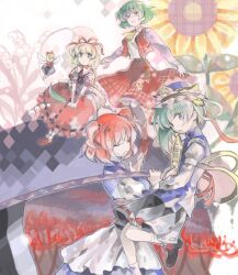  4girls 79inko bad_drawr_id bad_id bad_link closed_eyes flower green_hair kazami_yuuka lily_of_the_valley medicine_melancholy multiple_girls oekaki onozuka_komachi phantasmagoria_of_flower_view red_flower rod_of_remorse scythe shiki_eiki short_hair spider_lily su-san sunflower touhou yellow_flower 