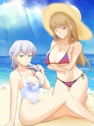  2girls aqua_eyes ar_tonelico ar_tonelico_i ar_tonelico_ii battlegaregga beach between_breasts bikini breast_hold breasts brown_eyes brown_hair casual_one-piece_swimsuit cleavage cloud commentary_request crossed_arms day glasses grey_hair hat highleg highleg_swimsuit highres large_breasts legs long_hair long_legs multiple_girls ocean one-piece_swimsuit one_eye_closed outdoors reisha_truelywaath side-tie_bikini_bottom sky spica_neal straw_hat sun sun_hat swimsuit thighs unworn_eyewear water 