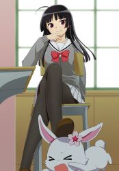  black_hair crossed_legs female jewelpet_(series) jewelpet_sunshine long_hair mattaku_mousuke mizushiro_kanon pantyhose school_uniform serafuku sitting skirt solo 