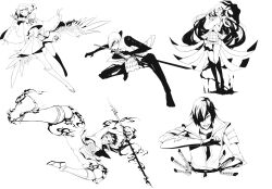  2girls 3boys ann606 arrow_(projectile) closed_eyes commentary_request date_masamune_(sengoku_basara) eyepatch greyscale ishida_mitsunari_(sengoku_basara) katana monochrome multiple_boys multiple_girls oichi_(sengoku_basara) polearm sanada_yukimura_(sengoku_basara) sengoku_basara short_hair spear sword tsuruhime weapon 