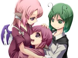  3girls animal_ears antennae bird_ears bird_wings breasts commentary_request girl_sandwich green_eyes green_hair hug if_they_mated japanese_clothes kimono lolicon medium_breasts multiple_girls mystia_lorelei okamisty open_mouth pink_hair purple_eyes sandwiched short_hair simple_background smile tasuki touhou wings wriggle_nightbug you_naka 